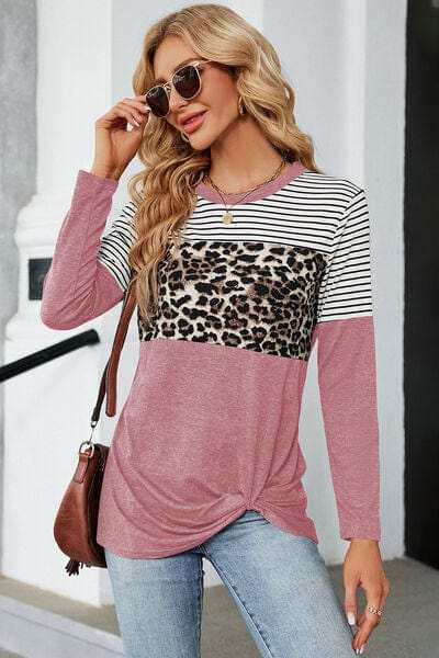 Leopard Striped Round Neck T-Shirt - Trendsi - Flyclothing LLC