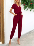 Short Sleeve V-Neck Jumpsuit with Pockets - Trendsi - Flyclothing LLC