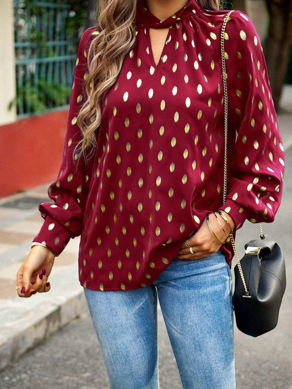 Mock Neck Cutout Lantern Sleeve Blouse - Trendsi - Flyclothing LLC
