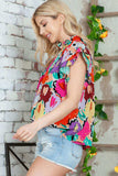 Multicolored Flutter Sleeve Mock Neck Blouse - Trendsi - Flyclothing LLC