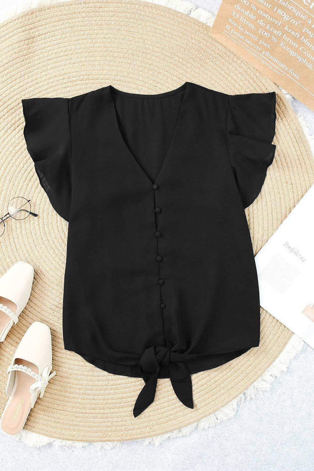 V-Neck Tie Hem Flutter Sleeve Blouse - Trendsi - Flyclothing LLC