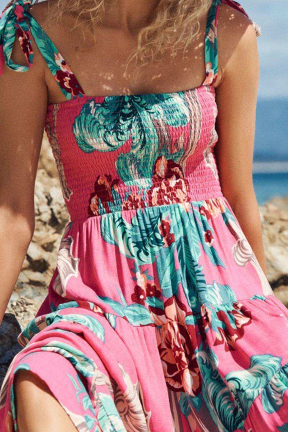 Floral Smocked Tie-Shoulder Tiered Dress - Trendsi - Flyclothing LLC