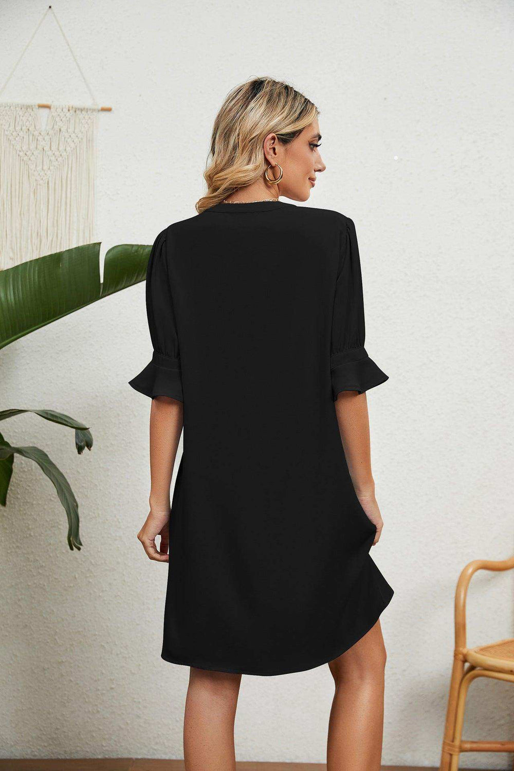 Notched Neck Flounce Sleeve Dress - Trendsi - Flyclothing LLC