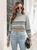Turtleneck Geometric Long Sleeve Sweater - Trendsi - Flyclothing LLC