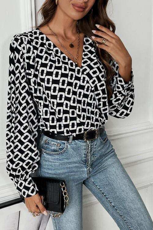 Geometric V-Neck Long Sleeve Blouse - Trendsi - Flyclothing LLC