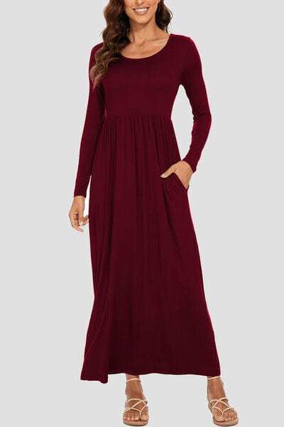 Round Neck Long Sleeve Pocketed Maxi Dress - Trendsi - Flyclothing LLC