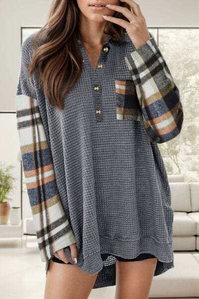Waffle-Knit Pocketed Plaid Dropped Shoulder Blouse - Trendsi - Flyclothing LLC