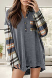 Waffle-Knit Pocketed Plaid Dropped Shoulder Blouse - Trendsi - Flyclothing LLC