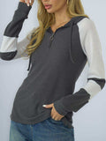Waffle-knit Raglan Sleeve Zipper Front Hoody - Trendsi - Flyclothing LLC