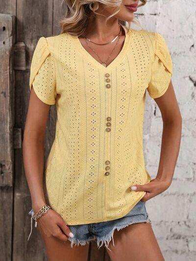 Eyelet V-Neck Petal Sleeve T-Shirt - Trendsi - Flyclothing LLC