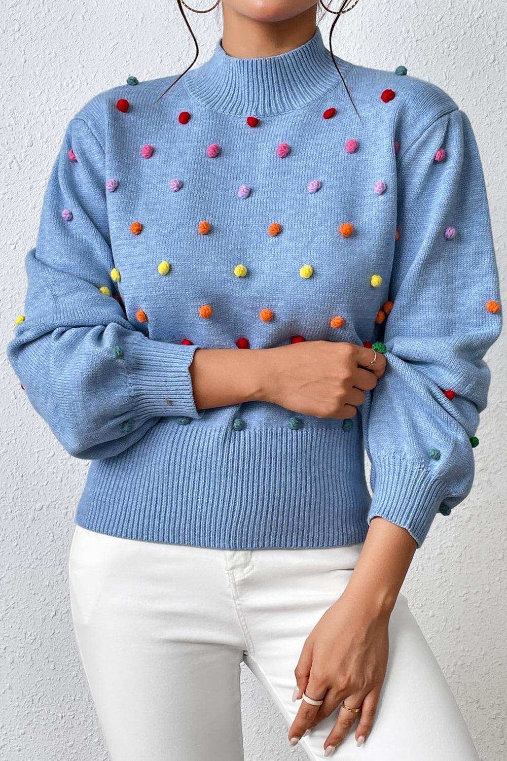 Pom-Pom Trim Mock Neck Long Sleeve Pullover Sweater - Trendsi - Flyclothing LLC
