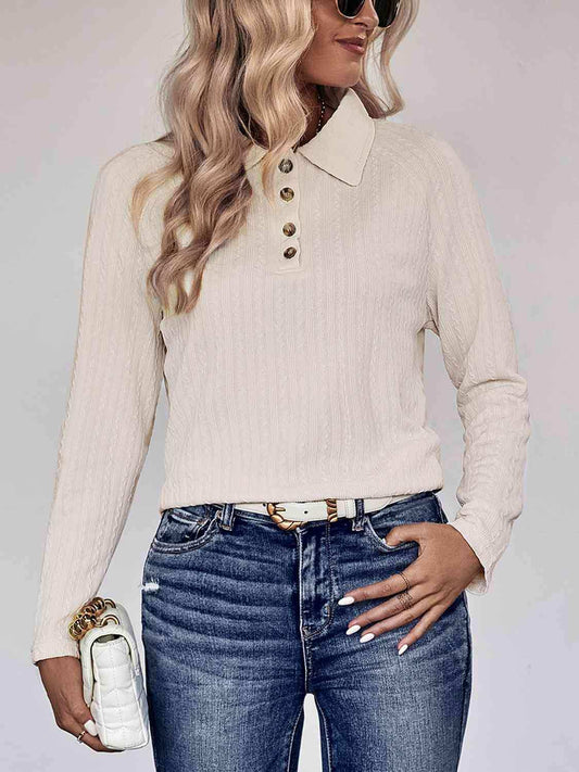 Collared Neck Buttoned Long Sleeve Top - Trendsi - Flyclothing LLC