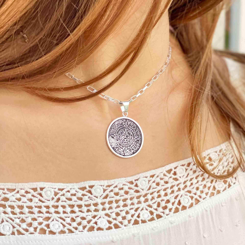 Alpaca Silver Aztec Calendar Pendant with Chain - Artisana - Flyclothing LLC