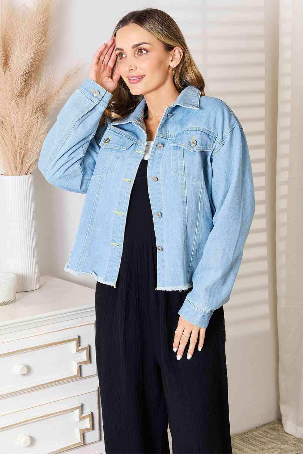 Double Take Dropped Shoulder Raw Hem Denim Jacket - Trendsi - Flyclothing LLC