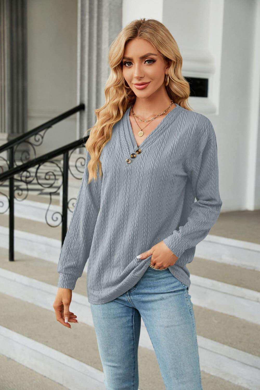 Decorative Button V-Neck Long Sleeve T-Shirt - Trendsi - Flyclothing LLC
