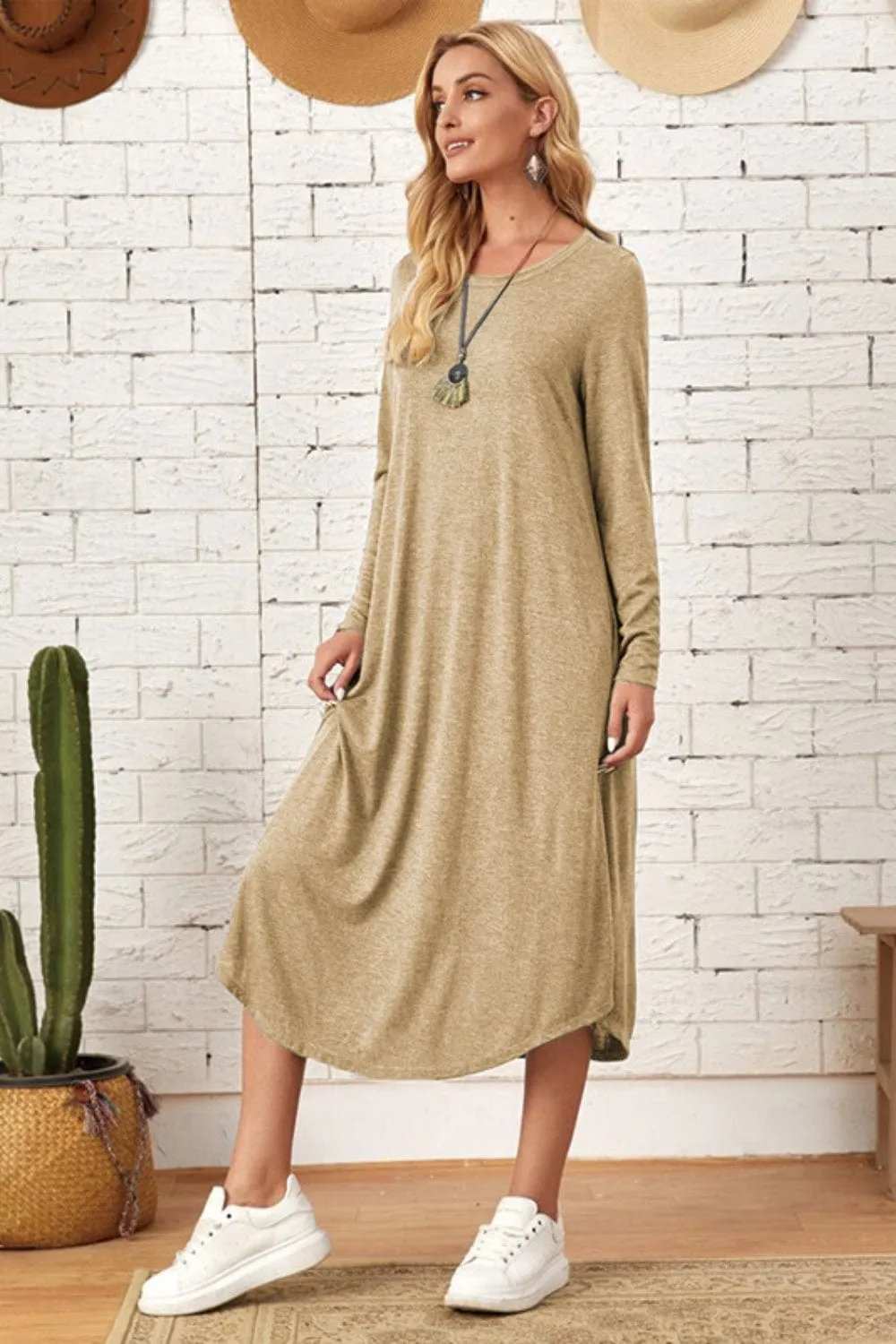 Pocketed Round Neck Long Sleeve Tee Dress - Trendsi - Flyclothing LLC