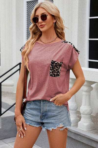 Leopard Round Neck Cap Sleeve T-Shirt - Trendsi - Flyclothing LLC