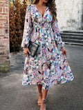 Printed V-Neck Long Sleeve Midi Dress - Trendsi - Flyclothing LLC