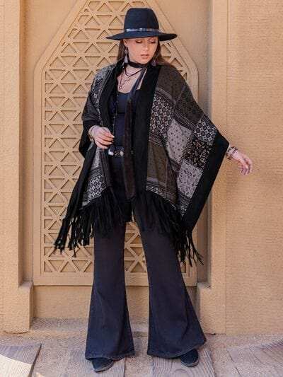 Plus Size Printed Fringe Open Front Outerwear - Trendsi - Flyclothing LLC