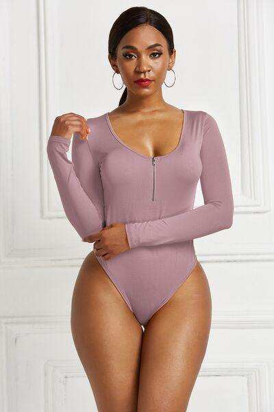 Half Zip Scoop Neck Long Sleeve Bodysuit - Trendsi - Flyclothing LLC