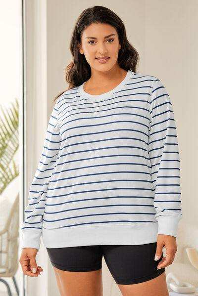 Plus Size Striped Round Neck Long Sleeve T-Shirt - Trendsi - Flyclothing LLC