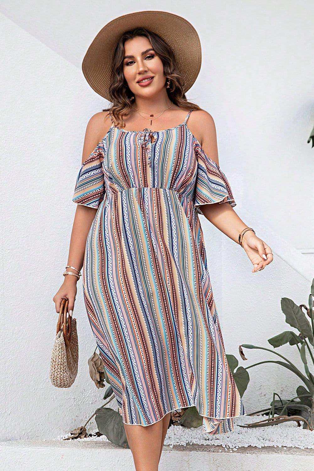 Plus Size Striped Cold-Shoulder Dress - Trendsi - Flyclothing LLC