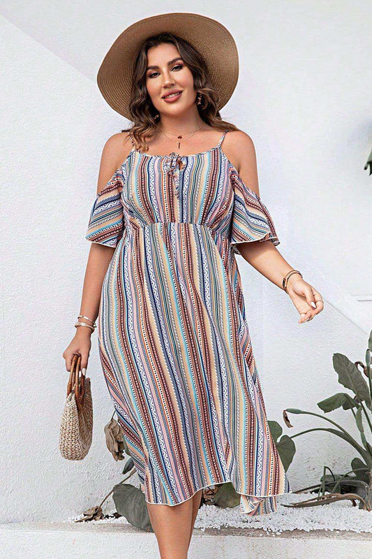 Plus Size Striped Cold-Shoulder Dress - Trendsi - Flyclothing LLC