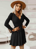 Surplice Neck Tie Front Pleated Sweater Dress - Trendsi - Flyclothing LLC