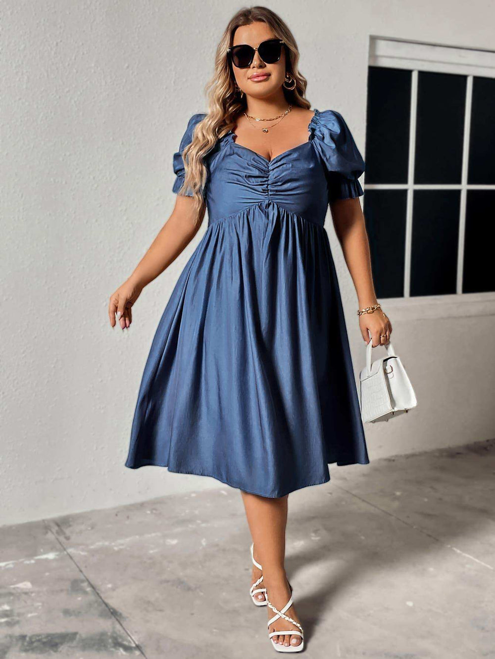 Plus Size Ruched Sweetheart Neck Dress - Trendsi - Flyclothing LLC