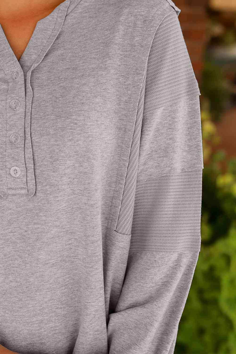 Waffle Buttoned Long Sleeve Top - Trendsi - Flyclothing LLC