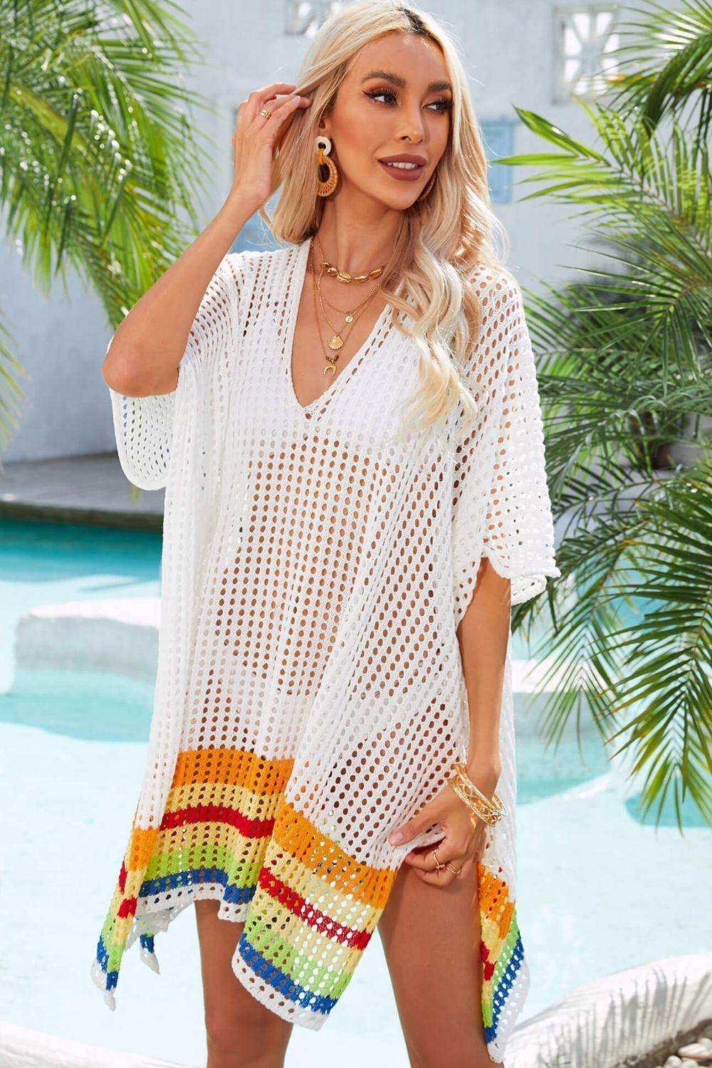 Rainbow Stripe Openwork Slit Cover-Up - Trendsi - Flyclothing LLC