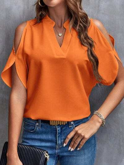 Notched Cold Shoulder Blouse - Trendsi - Flyclothing LLC