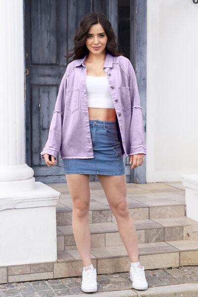 Raw Hem Pocketed Collared Neck Denim Jacket - Trendsi - Flyclothing LLC