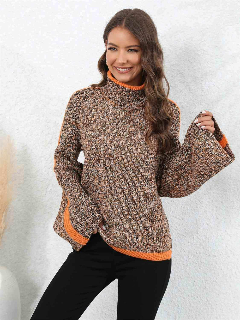 Heathered Turtleneck Long Sleeve Sweater - Trendsi - Flyclothing LLC