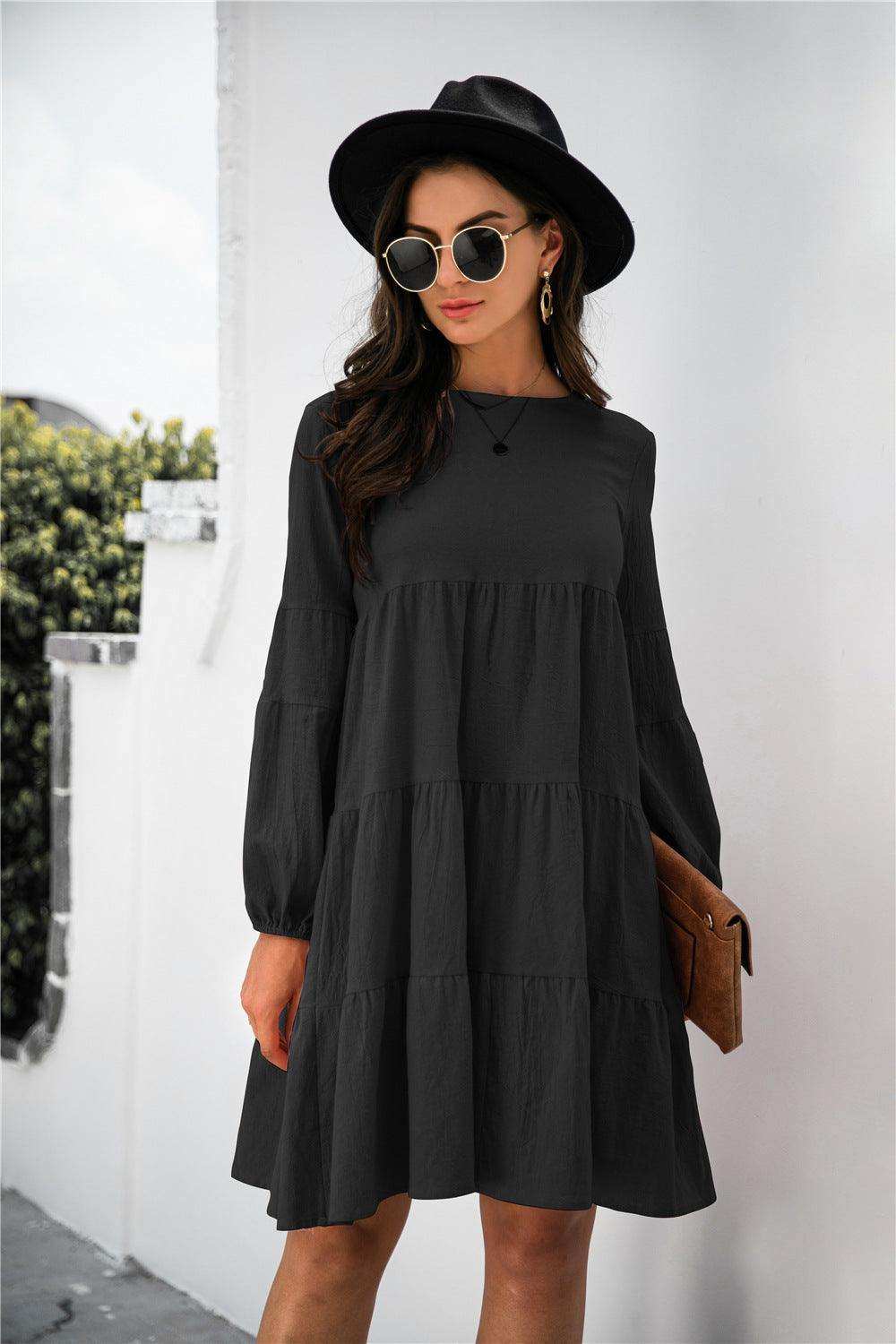 Balloon Sleeve Keyhole Tiered Dress - Trendsi - Flyclothing LLC