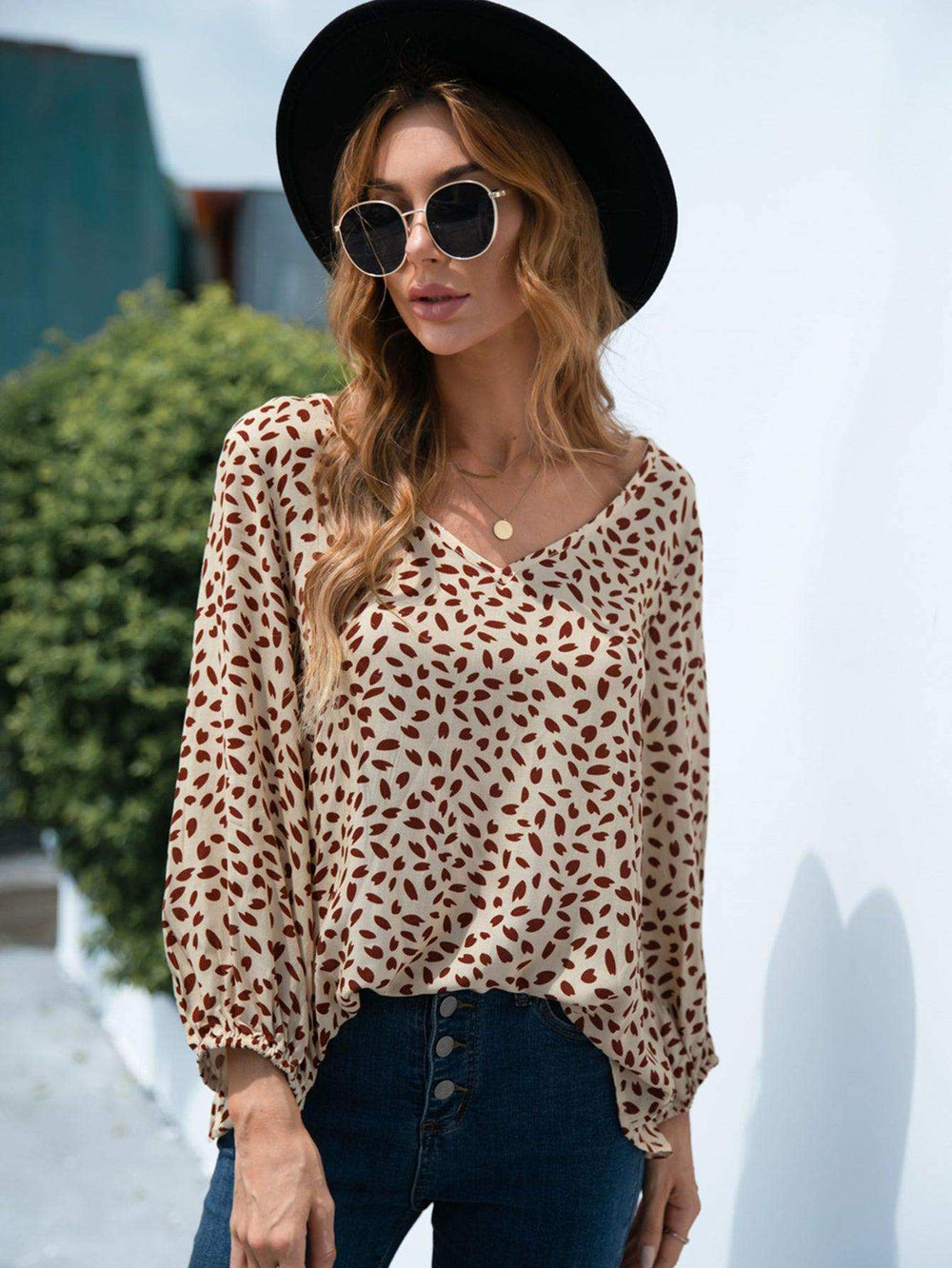 Printed V-Neck Balloon Sleeve Blouse - Trendsi - Flyclothing LLC