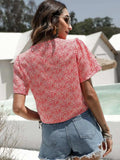 Floral Drawstring Deep V Cropped Blouse - Trendsi - Flyclothing LLC
