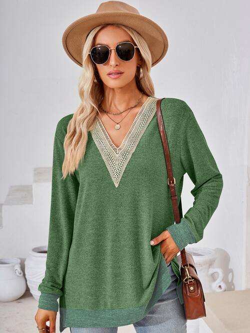 Crochet Contrast V-Neck Long Sleeve Slit T-Shirt - Trendsi - Flyclothing LLC