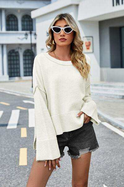 High-Low Slit Round Neck Long Sleeve Sweater - Trendsi - Flyclothing LLC