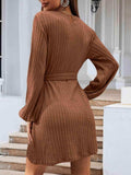 Round Neck Tie Front Long Sleeve Dress - Trendsi - Flyclothing LLC