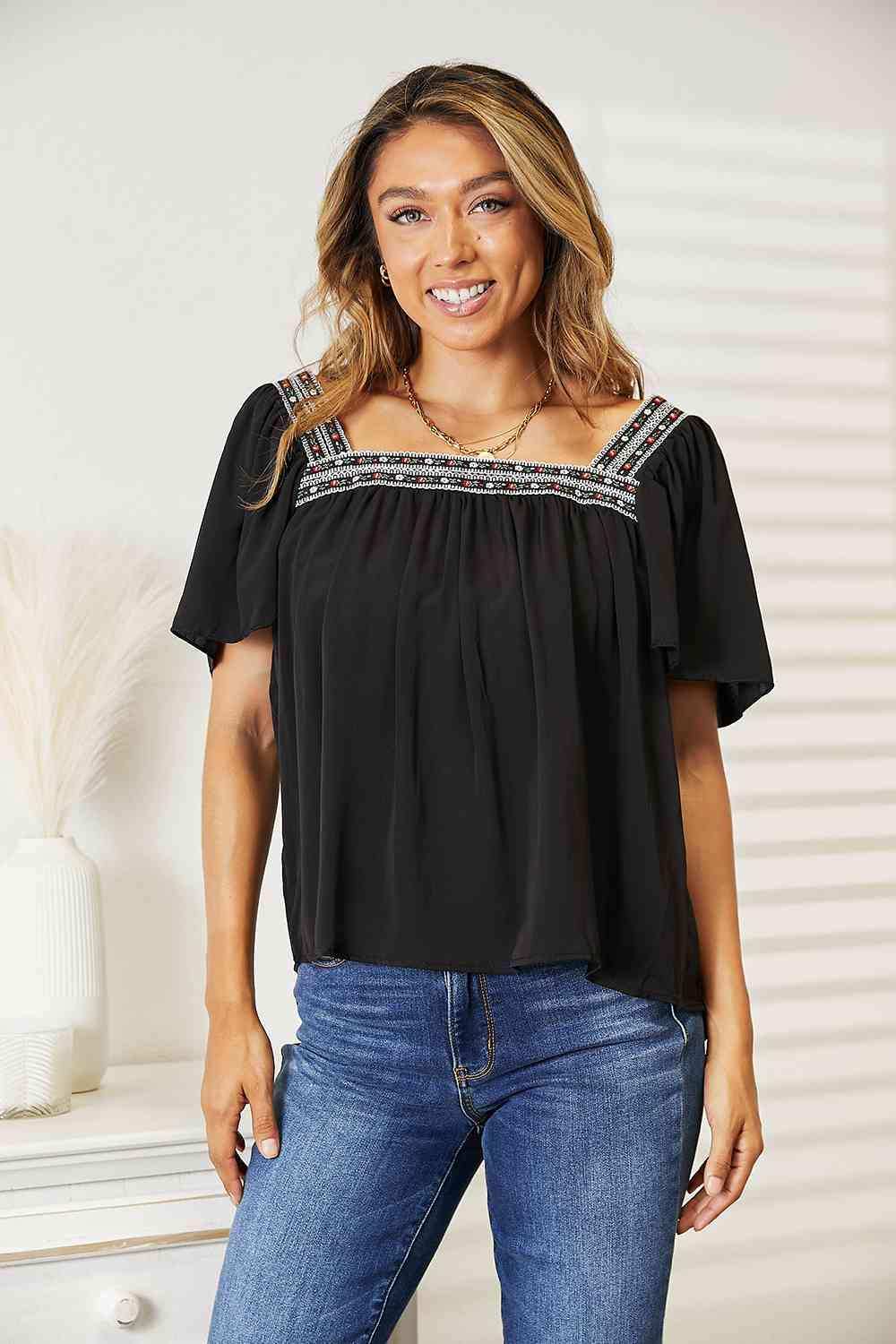 Double Take Contrast Square Neck Puff Sleeve Blouse - Trendsi - Flyclothing LLC
