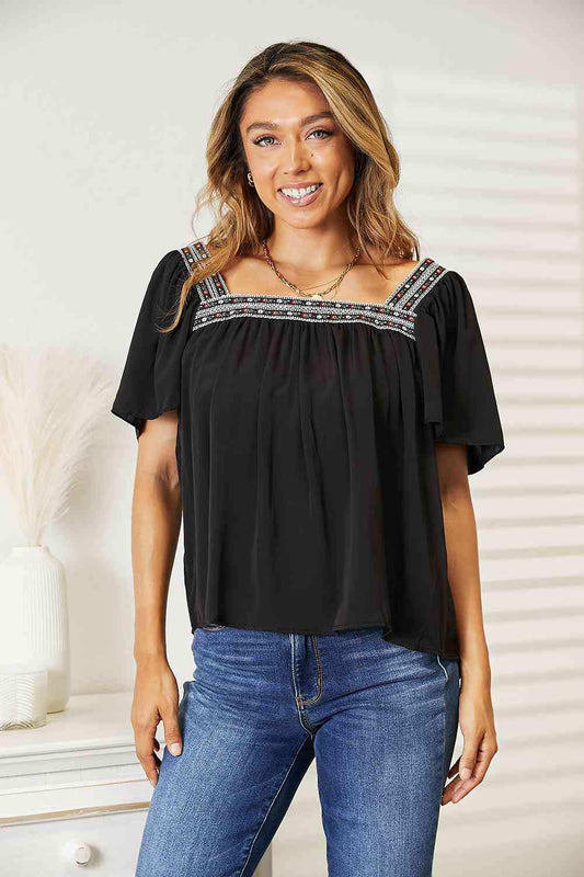 Double Take Contrast Square Neck Puff Sleeve Blouse - Trendsi - Flyclothing LLC