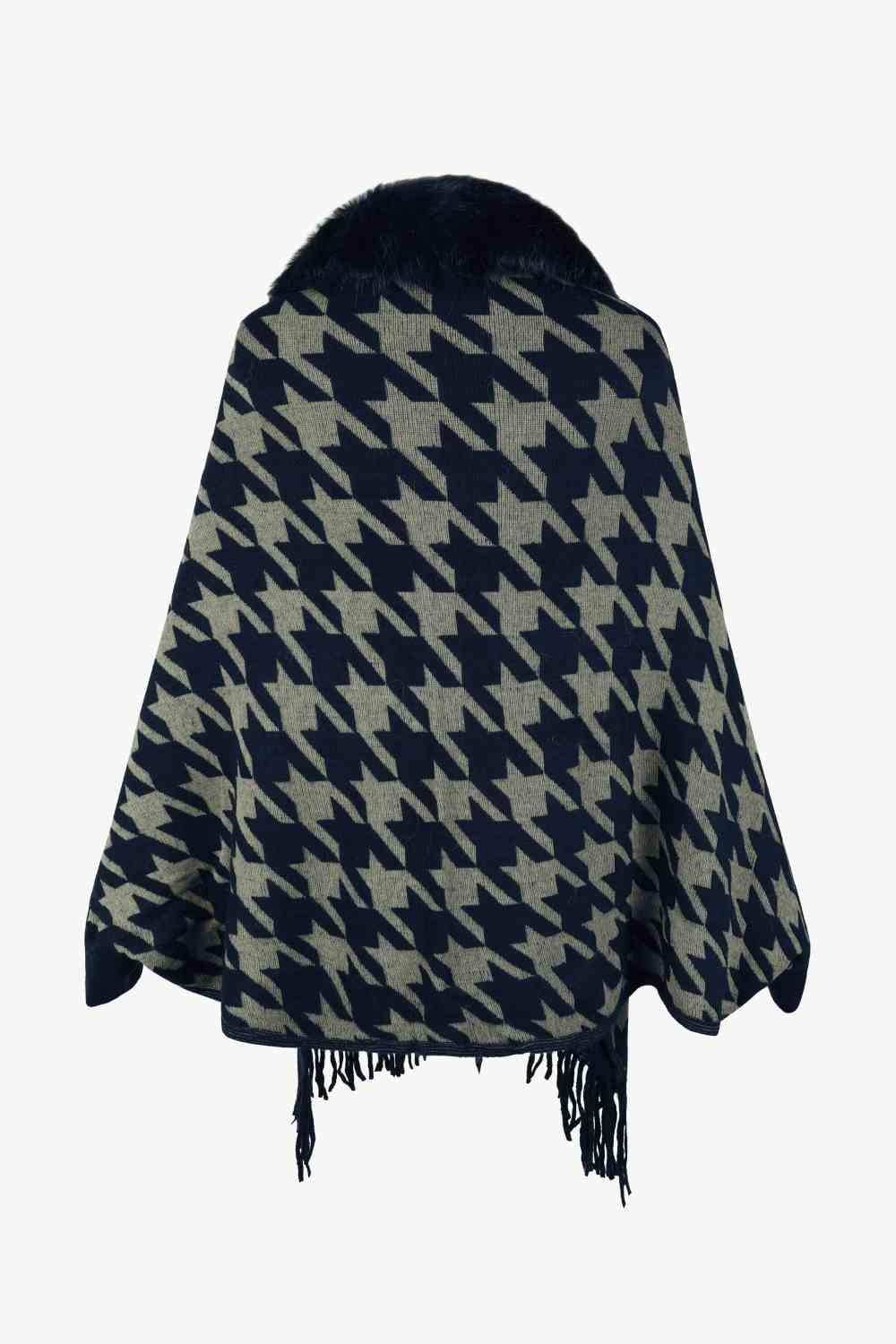 Houndstooth Fringe Hem Poncho - Trendsi - Flyclothing LLC