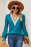 Openwork V-Neck Long Sleeve T-Shirt - Trendsi - Flyclothing LLC