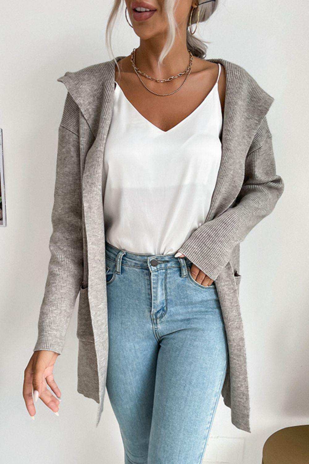 Ribbed Open Front Hooded Cardigan with Pockets - Trendsi - Flyclothing LLC