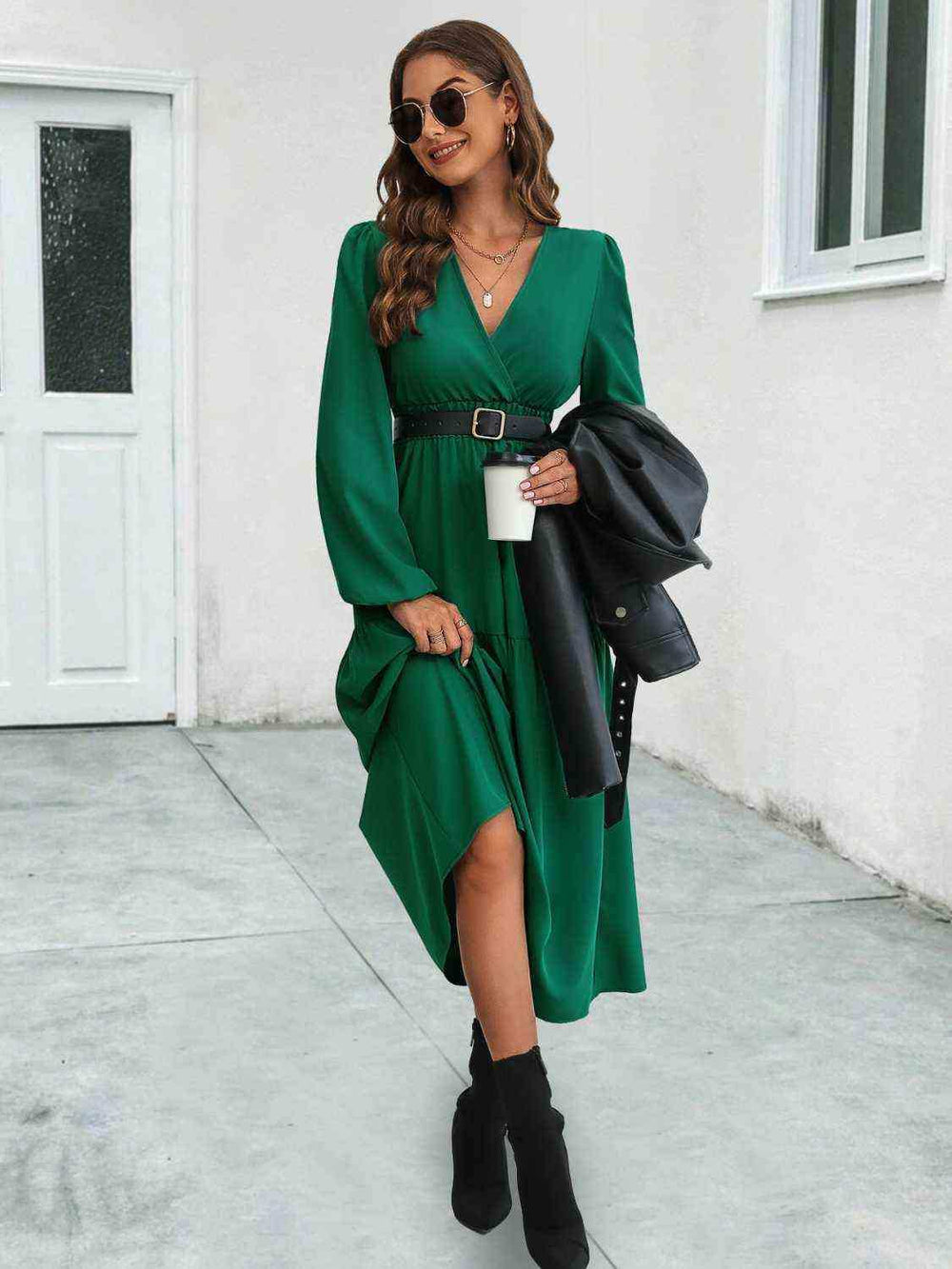 Surplice Neck Long Sleeve Midi Dress - Trendsi - Flyclothing LLC