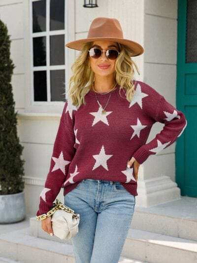 Star Round Neck Dropped Shoulder Sweater - Trendsi - Flyclothing LLC