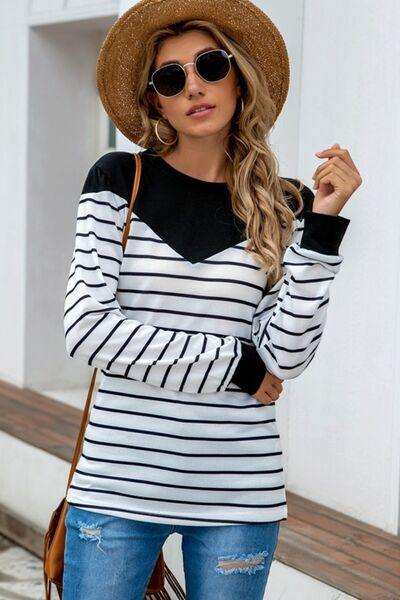 Striped Round Neck Long Sleeve T-Shirt - Trendsi - Flyclothing LLC