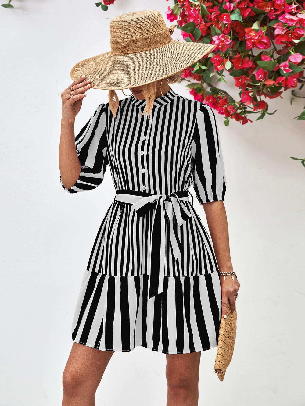 Striped Half Sleeve Tie Waist Mini Dress - Trendsi - Flyclothing LLC