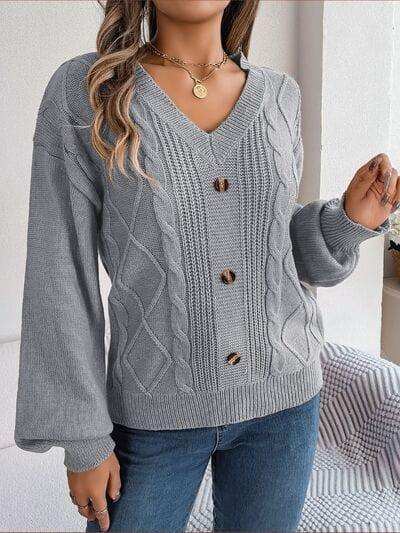 Cable-Knit Buttoned V-Neck Sweater - Trendsi - Flyclothing LLC